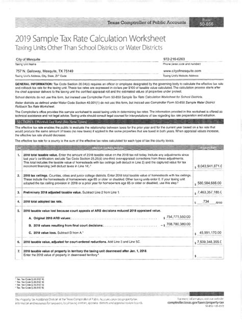 Fillable Online 2019 Sample Tax Rate Calculation Worksheet Dallas