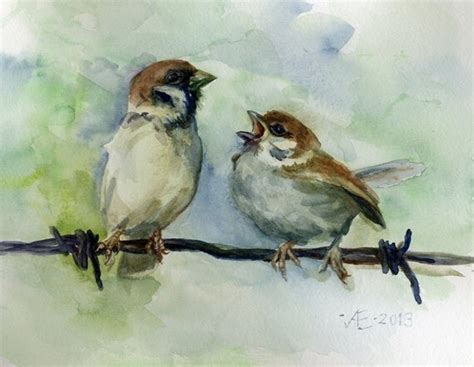 Sparrow Birds Watercolor Fine Art Print By Verbruggewatercolor