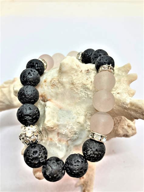 Quartz Rose Givr Pierre De Lave Noire Bracelet Tendance Etsy France