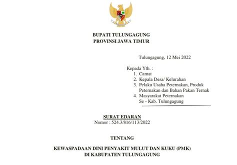 Surat Edaran Bupati Tentang Kewaspadaan Dini Penyakit Mulut Dan Kuku Pmk Di Kabupaten