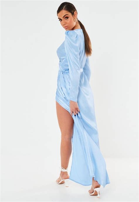 Missguided Blue Satin Long Sleeve Wrap Maxi Dress In 2020 Maxi Wrap