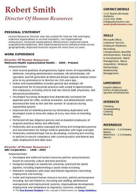 Director Of Human Resources Resume Samples Qwikresume