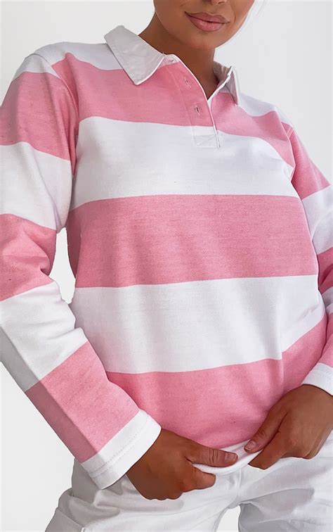 Pink Stripe Rugby Shirt Tops Prettylittlething Usa