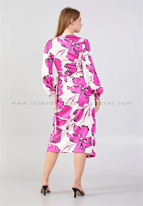 Ruby Long Sleeve Midi Satin Column Regular Fuchsia Beige Casual Dress