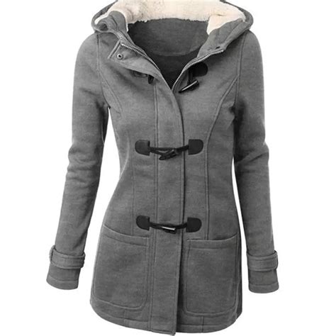 Autumn Hooded Horn Button Coat Women Winter Parkas Grey Outwear 2016 New Fashion Long Women