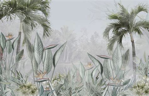 Fototapeten Exotische Blumen Und Palmen Im Nebel Fototapetenwelt De