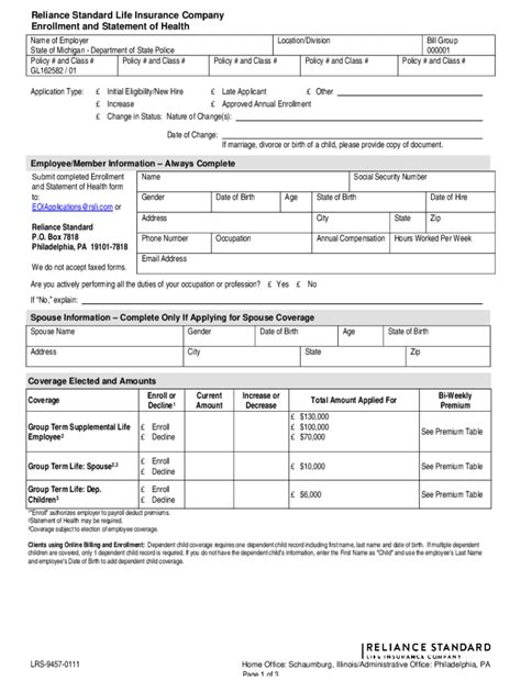 Fillable Online Reliance Standard Life Insurance Company Enrollment And