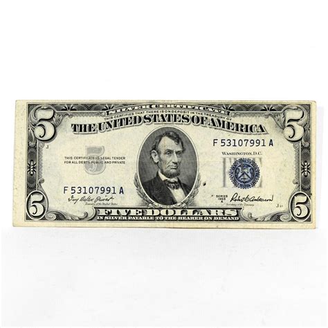 Us Five Dollar Bill Silver Certificate Series 1953 A Fine