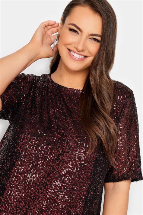 Yours London Plus Size Burgundy Red Sequin Embellished Swing Top