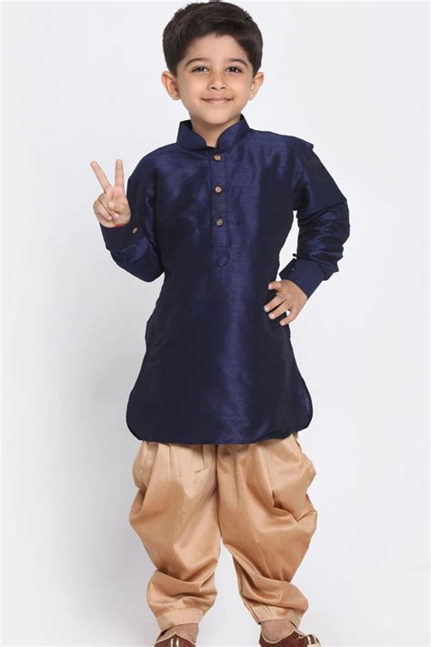 Solid Color Dupion Silk Kurta Set In Navy Blue Ucchal Fashion