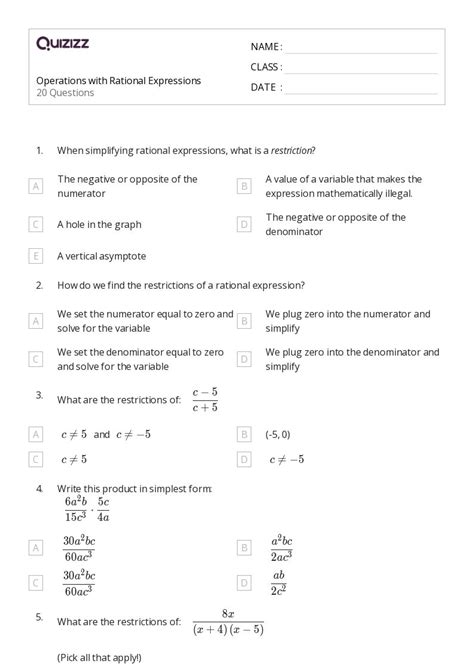 50 Rational Expressions Worksheets For 10th Year On Quizizz Free