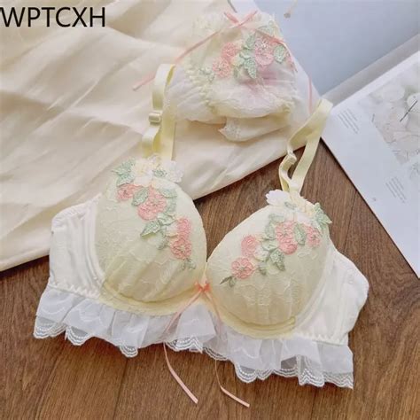 Japanese Lace Embroidered Deep V Large Underwire Sweet Bra Set Gathers