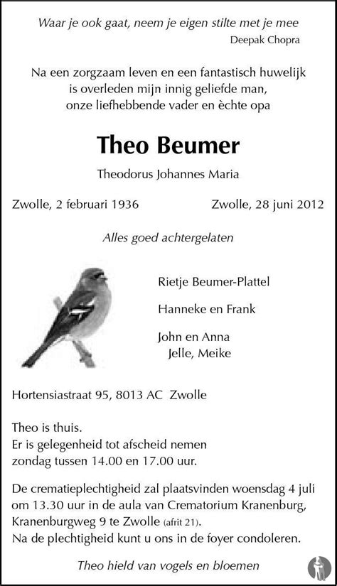 Theodorus Johannes Maria Theo Beumer 28 06 2012 Overlijdensbericht En