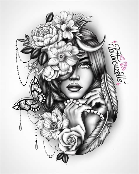 Flowers Lady Face Tattoo Design