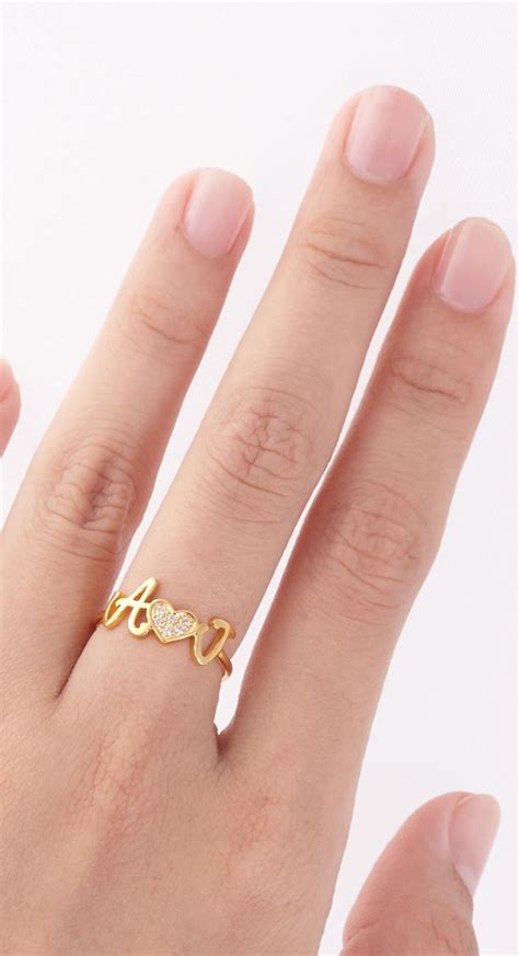 Double Initials Ring With Diamond Heart Gold Ring Designs Gold Rings Jewelry Friend Rings