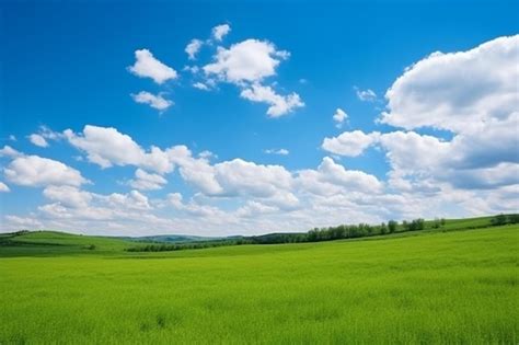 Premium AI Image A Field Of Green Grass Under A Blue Sky