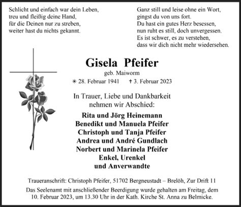 Traueranzeigen Von Gisela Pfeifer Wirtrauern