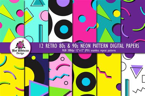 12 80s 90s Style Retro Neon Pop Art Pattern Digital Papers 232124