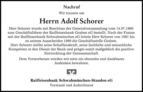 Traueranzeigen Von Adolf Schorer Augsburger Allgemeine Zeitung