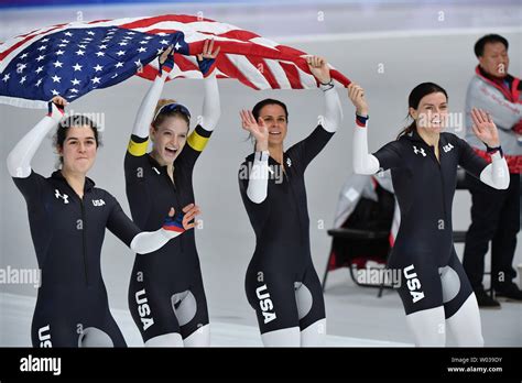 Team Usa Celebrates Their Bronze Medal Win In The Ladies Speed Skating