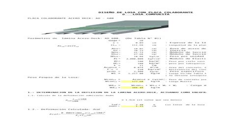 Diseño De Losa Con Placa Colaborante O Losa Compuesta Xls Document