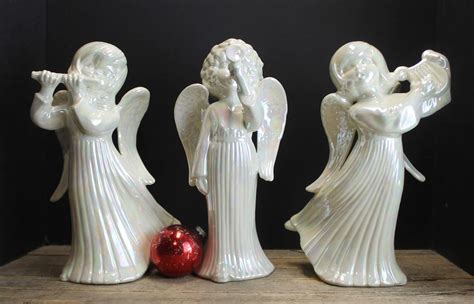 3 Vintage Ceramic Angels With Instruments Ceramic Molds Iridescent Etsy