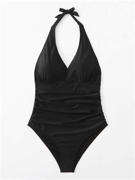 Plus Ruched Halter One Piece Swimsuit Shein Usa