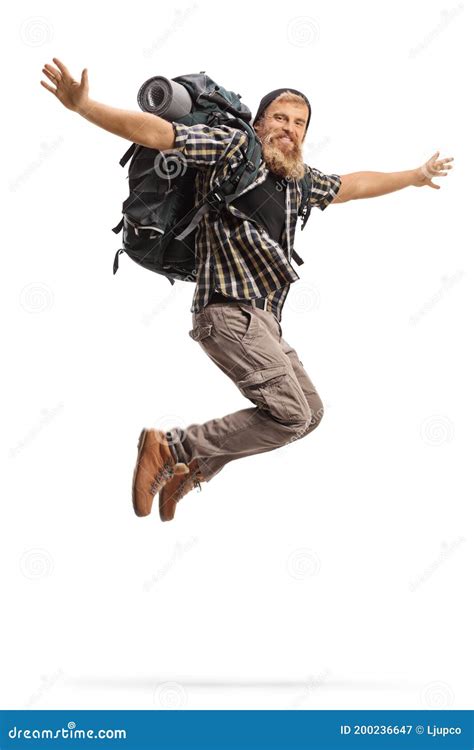 Happy Bearded Man Hiker Jumping Stock Image Image Of Activity Adult