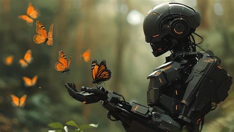 Premium Photo Futuristic Robot Interacting With Butterflies In A