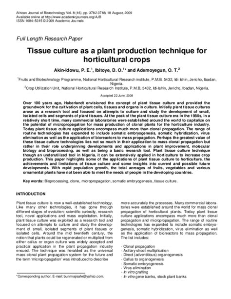 Pdf Tissue Culture As A Plant Production Technique For Horticultural