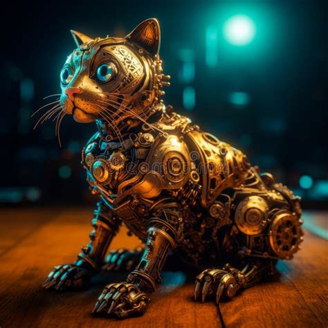 Cat Statue Sitting On Top Of Wooden Table Next To Light Generative Ai