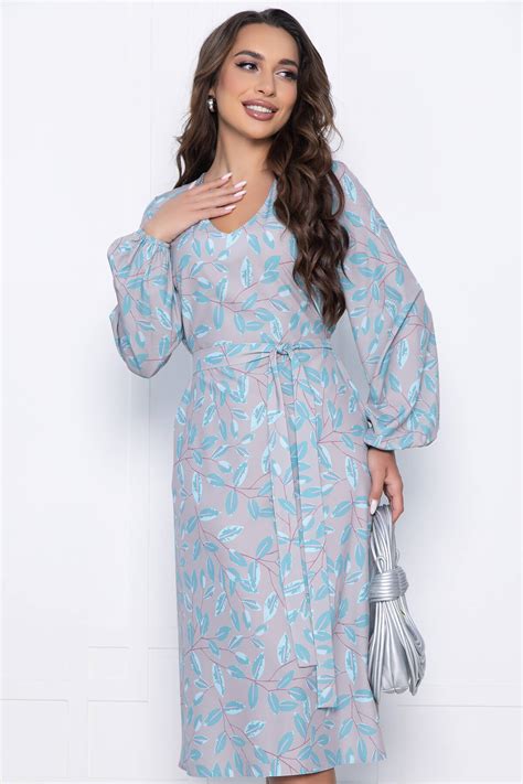 Платье свободного силуэта с пышными рукавами и поясом LT Collection для ...