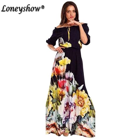 Novas Mulheres Ombro Off Vestidos Maxi Floral Impress O Sexy Solta