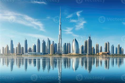 Dubai skyline with skyscrapers reflected in water, United Arab Emirates ...