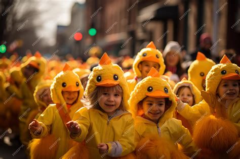 Premium Photo A Large Crowd Of Children In Yellow Duck Costumes On A