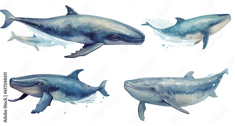 Cartoon Whales Set Beluga Killer Whale Beluga Blue Whale Dolphin Bowhead Whale Underwater