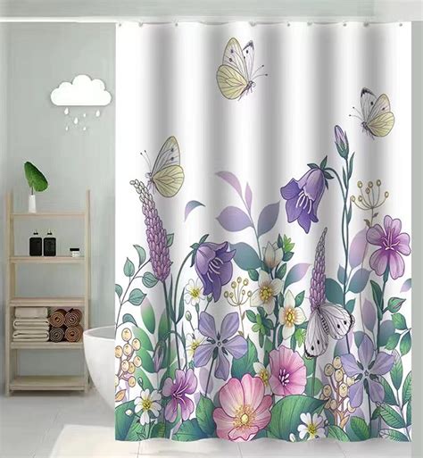 Urlinens Floral Shower Curtain Green Leaf Purple Flower