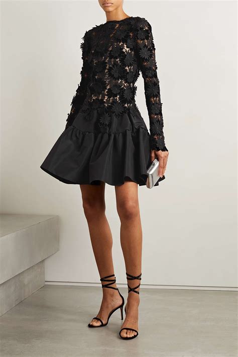 OSCAR DE LA RENTA Open Back Tiered Velvet Guipure Lace And Silk Faille