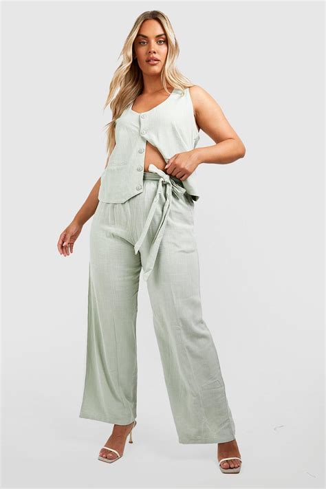 Plus Linen Belted Wide Leg Pants Boohoo