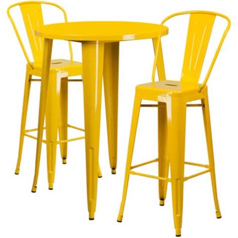 Commercial Grade 30 Round Yellow Metal Indoor Outdoor Bar Table Set With 2 Cafe Stools 1 Unit