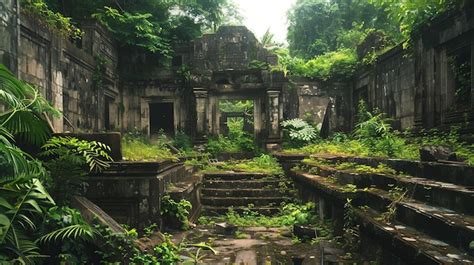 Overgrown Ruins Of A Stone Temple In A Jungle With Lush Greenery