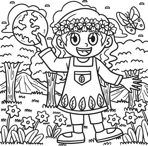 niña del día de la tierra en el bosque página para colorear para niños