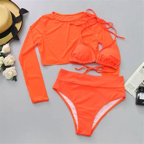 Sexy Neon Orange Bikini 2022 Women Long Sleeve Mesh Cover Up 3 Piece