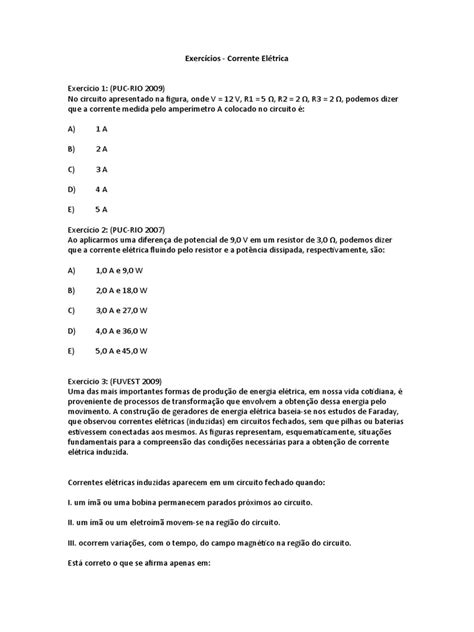 Questões De Corrente Elétrica - Exercícios de Corrente Elétrica | PDF | Métodos e Materiais de Ensino