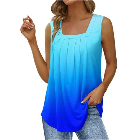 Summer Tank Tops For Women Loose Fit Pleated Square Neck Tunics Sleeveless Gradient Tops Casual