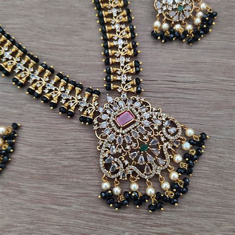 Gold Finish Black Beaded Long Necklace South India Jewels