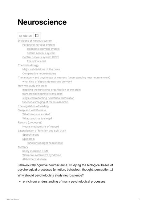 Neuroscience Lecture Notes Neuroscience Status Behavioural Cognitive