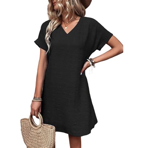 Womens V Neck T Shirt Dress Summer Short Sleeve Plain Casual Loose Mini