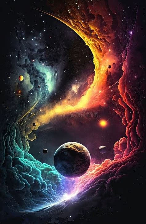 Colorful Outer Space With Constellations Galaxies Planets Generative