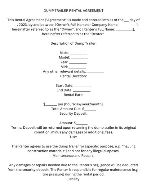 Digital Download Dump Trailer Rental Agreement Template Etsy